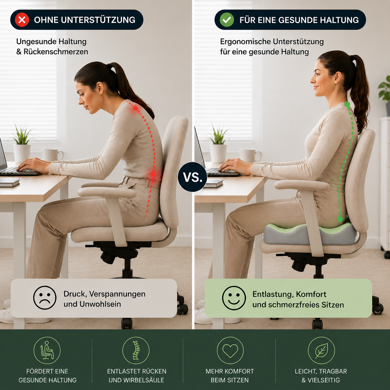 Ergonomisches Memory-Schaum Sitzkissen für Rücken, Hüfte & Steißbein
